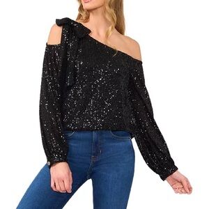 NWT CeCe Black Sequin One-Shoulder Top Size S